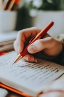 Close-up of hand writing with elegant copper fountain pen on paper notebook, soft natural lighting creates warm atmospheric mood for creative writing and journaling.