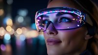 Young woman wearing futuristic smart glasses with glowing purple interface and digital display against blurred city lights background, representing technology innovation.
