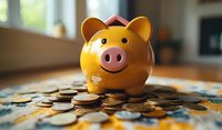 Yellow ceramic piggy bank with happy smiling face surrounded by scattered coins on wooden table surface in soft natural window lighting, representing savings and financial planning.