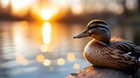 Female mallard duck resting by water at sunset with golden bokeh reflections creating peaceful nature scene for wildlife photography.