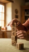 Hands protecting wooden blocks with financial symbols including dollar, euro and scales representing investment security and wealth management concepts.