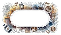 Coffee shop frame with brewing equipment, beans, cups and latte art decorative border on white background for cafe menu design and promotional materials.