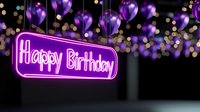 Glowing purple neon Happy Birthday sign with floating balloons and sparkling bokeh lights against dark background creates festive celebration atmosphere.