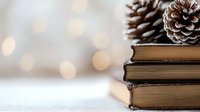 Stack of vintage books with pine cone on top against soft bokeh background, creating cozy winter atmosphere for seasonal and educational concepts.