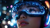 Futuristic close up of Asian woman wearing VR goggles with neon city reflection, glowing bokeh lights and pink headphones creating cyberpunk atmosphere.
