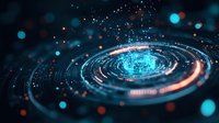 Futuristic circular technology interface with glowing blue and orange lights, digital data visualization with bokeh effect and particle elements.