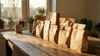 Brown paper lunch bags arranged on rustic wooden table in sunlit kitchen with houseplants. Eco-friendly packaging for food delivery, takeout meals, gifts.