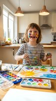 Happy young child with paint on face creating colorful artwork at kitchen table with watercolor paints and brushes in bright modern home interior.