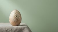 Elegant decorated egg with intricate floral patterns on neutral fabric surface against soft green background for Easter celebration and spring decor.