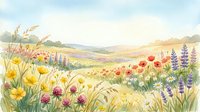 Sunny wildflower meadow in soft watercolor style, featuring poppies, lupines, daisies, and buttercups under a warm summer sky.