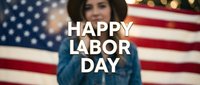 Happy Labor Day celebration with American flag background featuring young woman in blue shirt for patriotic holiday greeting cards and social media posts.