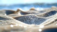 Sparkling golden sand dunes with water droplets catching sunlight on beach shoreline, creating dreamy summer vacation atmosphere.