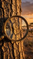 Magnifying glass examining tree bark texture in warm golden sunset light showcasing natural patterns and organic surface details for research and exploration.
