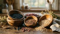 Wooden bowls filled with various dried seeds, grains, and legumes including black sesame, red beans, and oats scattered on rustic surface with natural window light for cooking and nutrition content.