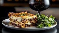 Layered pasta bake with melted cheese and meat sauce served with fresh greens on white plate, wine glass in background for restaurant dining.