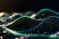 Abstract digital wave visualization with glowing green and blue particles flowing on dark background, bokeh light effects create futuristic technology landscape.