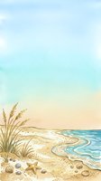 Coastal beach scene with golden sand, turquoise waves, seashells, starfish, and beach grass. Watercolor style illustration suitable for summer designs, travel themes, and coastal decor projects.