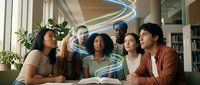 Diverse group of young professionals collaborating in modern office space with dynamic light trails representing innovation and teamwork.