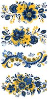 Beautiful folk art floral compositions in navy blue and yellow colors, perfect for textile design, greeting cards and digital prints. Isolated decorative elements on white background.