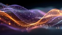 Abstract glowing waves in purple and orange colors with sparkling particles on dark background, creating magical light effect.