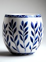 White ceramic pot with cobalt blue floral pattern featuring delicate hand-painted leaves and traditional border design, photographed against light background.