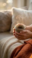Hands holding steaming hot coffee mug in cozy living room with warm lighting and soft blanket creating peaceful morning atmosphere for relaxation and comfort.