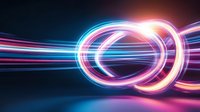 Glowing neon light trails forming infinity symbol shape with pink and blue colors against dark background, dynamic motion effect for technology designs.