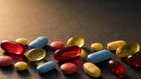 Colorful vitamin and supplement capsules scattered on dark surface with warm lighting for healthcare and wellness concepts.