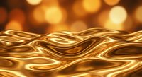 Flowing golden liquid surface with shiny metallic waves and bokeh light background, luxury abstract texture for premium design projects.