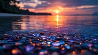 Vibrant sunset reflects on wet pebbles at water's edge, creating magical bokeh effect with orange and purple hues across tranquil beach landscape at dusk.