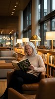 Senior Caucasian woman reading book in modern library with warm lighting and comfortable seating area for education and leisure activities.