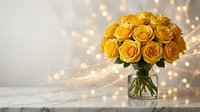 Golden yellow roses bouquet in glass vase with warm bokeh lights creating romantic atmosphere for celebrations and special occasions.