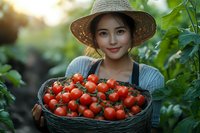 Young Asian woman in straw hat holding basket of fresh red cherry tomatoes in greenhouse garden during harvest season.