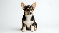 Adorable tricolor Corgi puppy sitting on white background, isolated cute dog with perked ears and fluffy coat for pet designs and marketing materials.