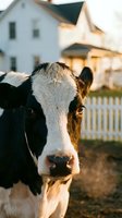 Holstein dairy cow portrait with white farmhouse and fence in background during golden hour lighting for agricultural and rural lifestyle concepts.
