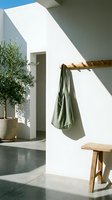 Modern minimalist outdoor terrace with white walls, wooden furniture, olive tree in pot and green textile bag hanging on wooden peg in bright sunlight.