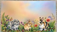 Adorable rabbits sitting in wildflower meadow with colorful spring blooms and grass border frame for Easter greeting cards and seasonal designs.