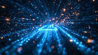 Glowing blue light rays with orange particles creating dynamic motion effect against dark background, abstract technology concept for digital transformation.