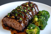 Juicy glazed pork tenderloin sliced and garnished with green onions, served with steamed broccoli florets on white plate in dark sauce.