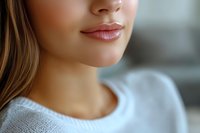 Close up of young woman's face showing plump glossy lips and smooth skin wearing white sweater, natural beauty and skincare concept for cosmetic advertising.
