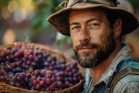 Confident male farmer with beard and hat holding basket of fresh harvested grapes in vineyard with soft bokeh background.