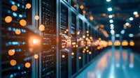 Server racks in modern data center with glowing orange bokeh lights creating futuristic atmosphere, network infrastructure for cloud computing and data storage.