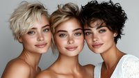 Three diverse young women with trendy short hairstyles posing together for beauty and fashion portrait on neutral background.