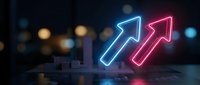 Business growth concept with glowing neon arrows pointing upward on dark background with bokeh lights for financial success presentations.