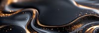 Luxurious black and gold liquid waves with glowing particles create elegant abstract background pattern with flowing curves and shimmering light effects.