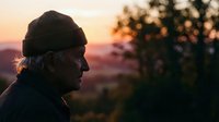 Elderly man in profile silhouette wearing knit hat watching golden sunset through trees in peaceful countryside landscape for contemplation themes.