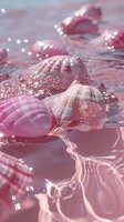 Pink seashells floating in crystal clear water with sunlight creating sparkles and reflections, dreamy pastel tones and gentle ripples create serene coastal atmosphere.