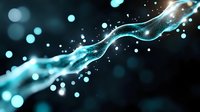 Glowing cyan energy stream with particles flowing across dark background, suitable for technology, science, and digital design projects.