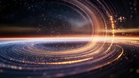 Glowing spiral light trails with golden particles and stars create dynamic motion effect against dark background, suitable for technology and innovation concepts.