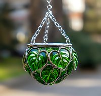 Decorative hanging glass planter with metallic silver filigree frame featuring green monstera leaf pattern, suspended by chain against blurred outdoor background.